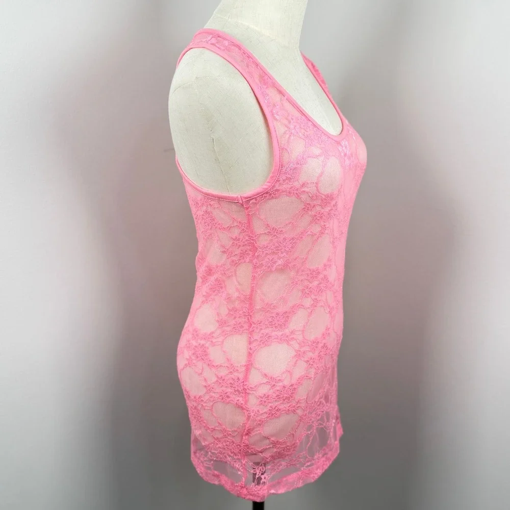 Bozzolo Women Lge Tank Top Pink Floral Lace Long Sheer Racerback Y2K Barbiecore - Picture 5 of 8